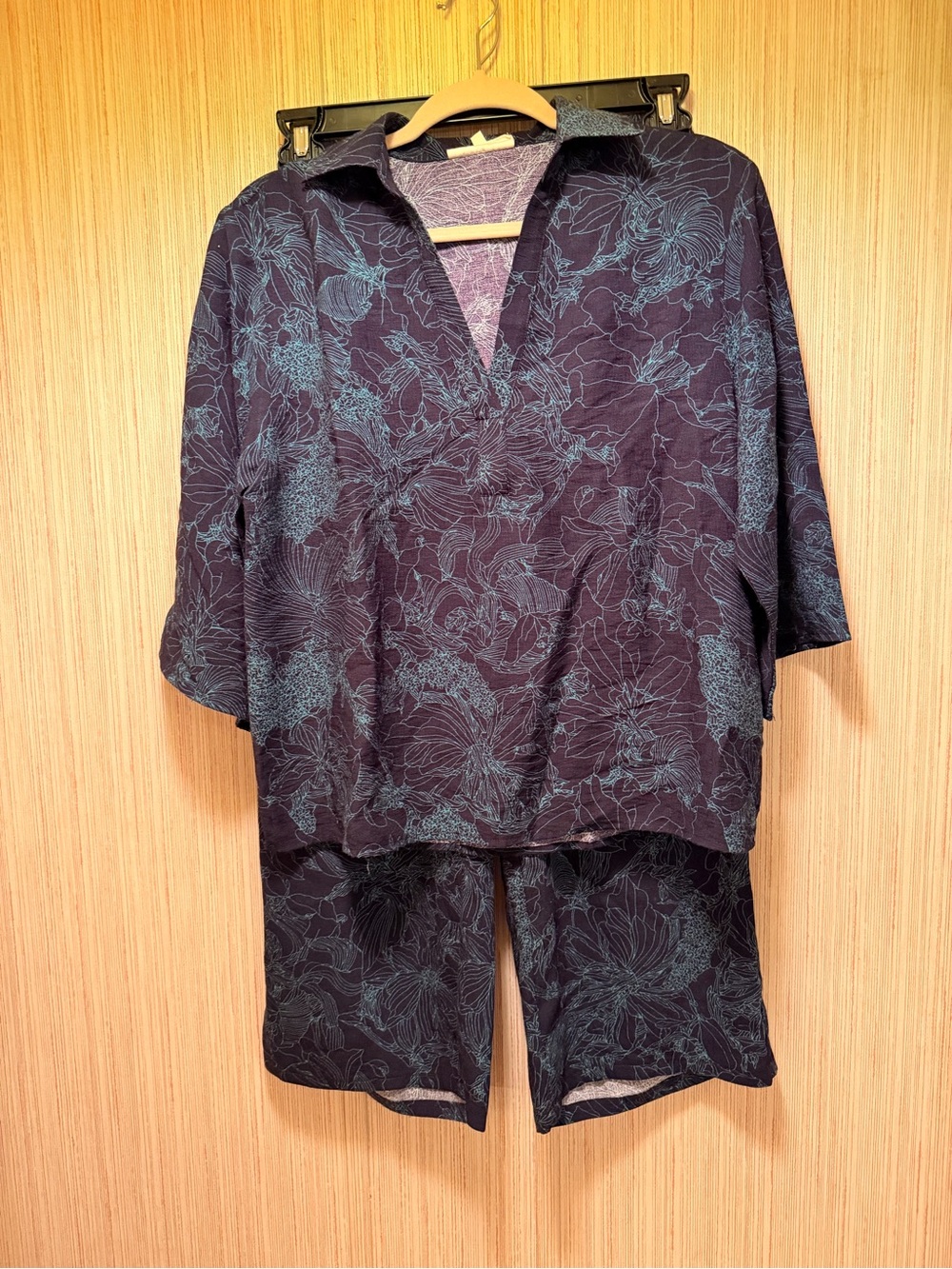 Womens Navy Floral V-Neck Blouse and Pants Set